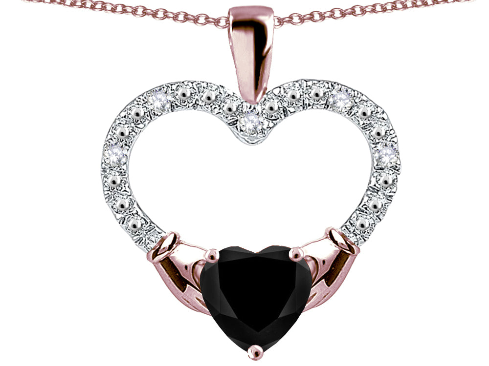 Star K Hands Holding Heart Genuine Black Sapphire Claddagh Pendant Necklace