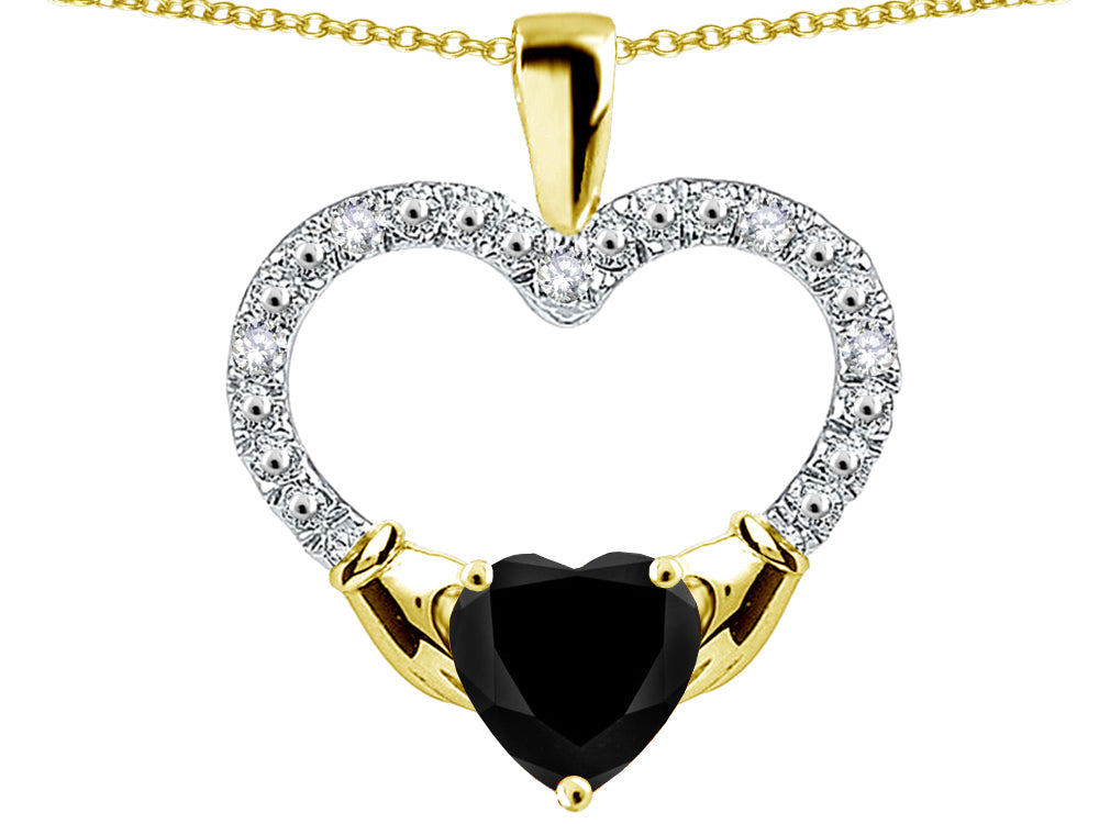 Star K Hands Holding Heart Genuine Black Sapphire Claddagh Pendant Necklace