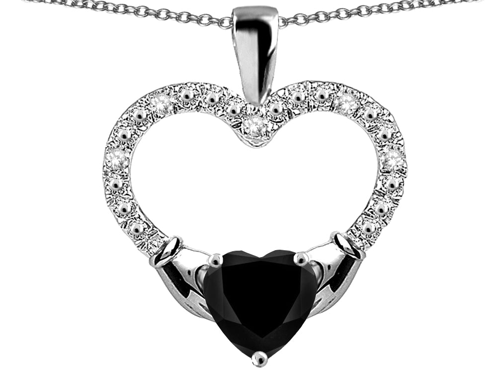 Star K Hands Holding Heart Genuine Black Sapphire Claddagh Pendant Necklace
