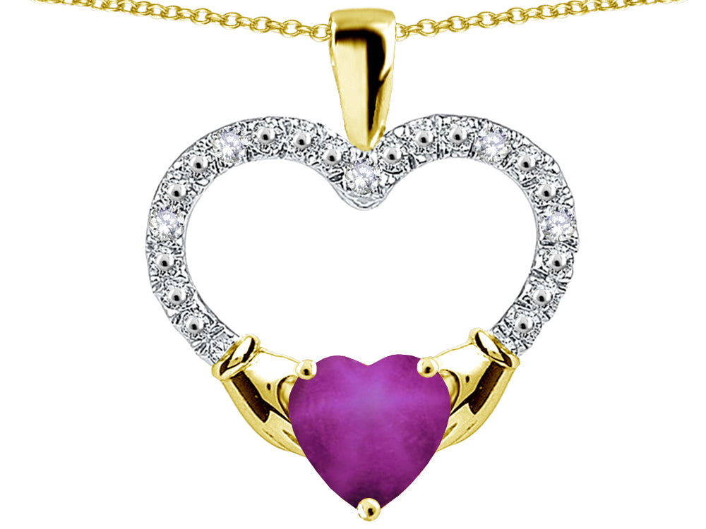 Star K Hands Holding Heart Created Star Ruby Claddagh Pendant Necklace