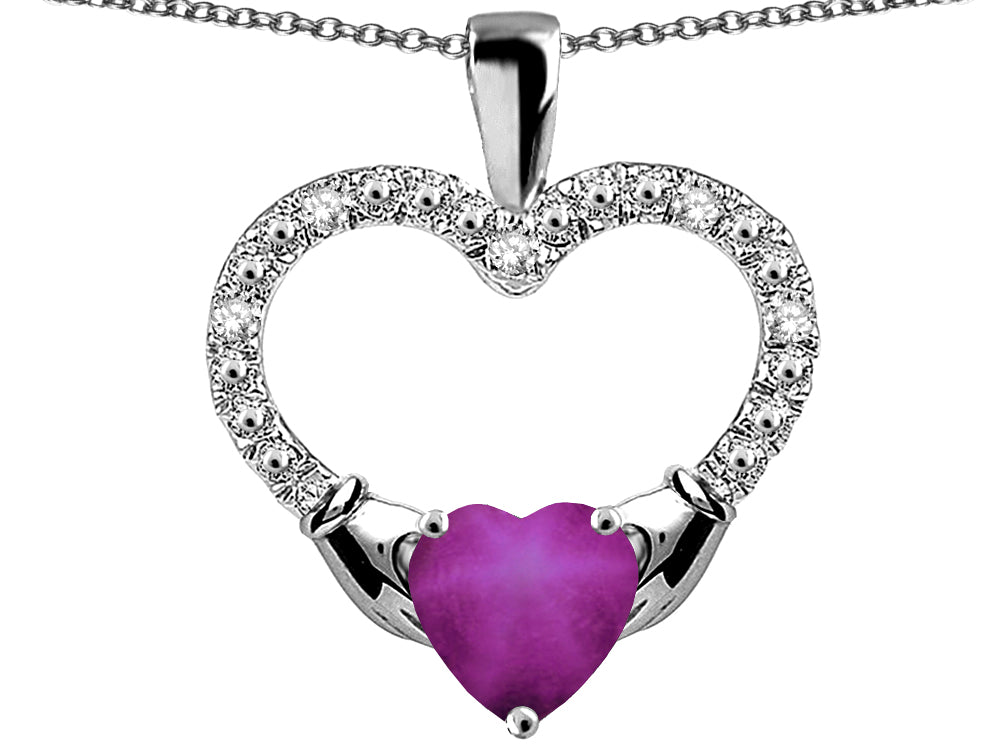 Star K Hands Holding Heart Created Star Ruby Claddagh Pendant Necklace