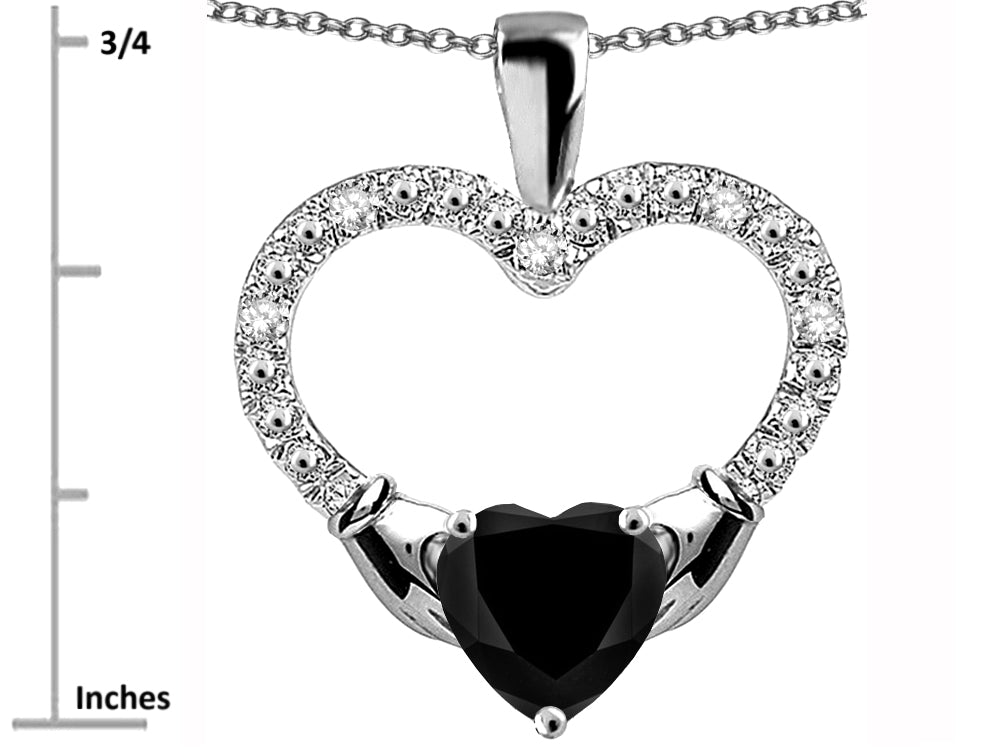 Star K Hands Holding Heart Genuine Black Sapphire Claddagh Pendant Necklace