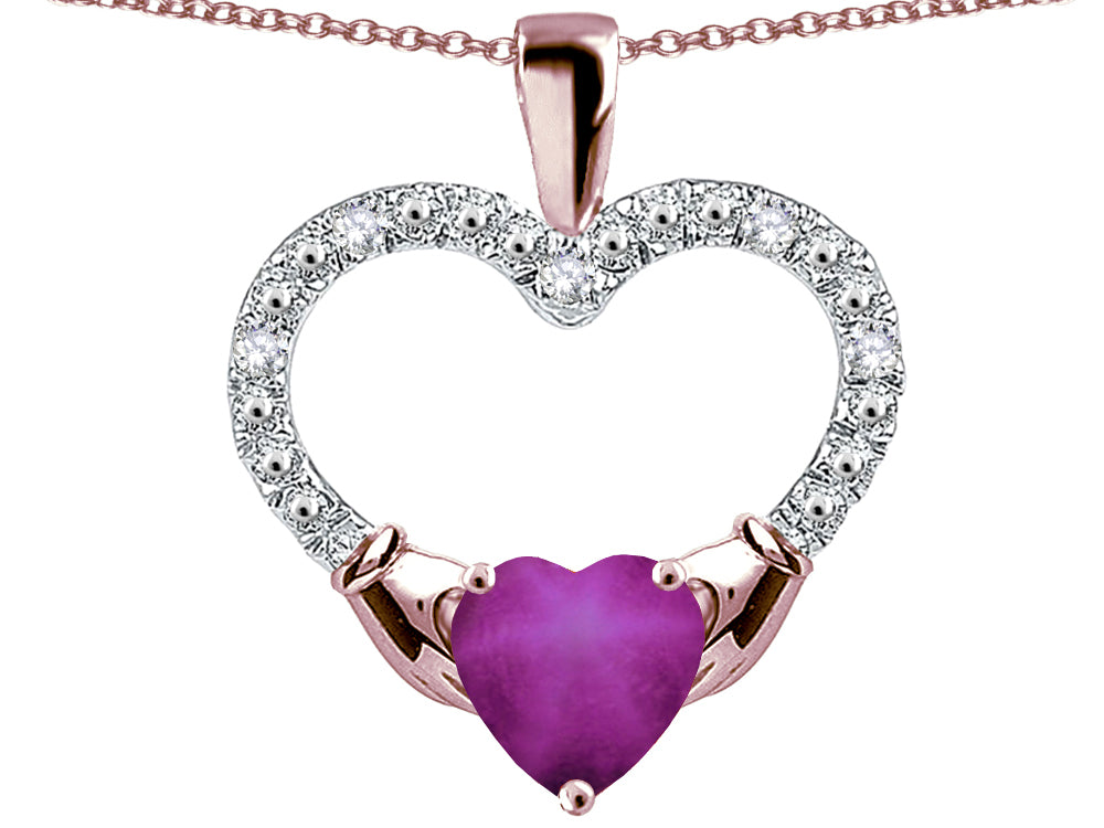 Star K Hands Holding Heart Created Star Ruby Claddagh Pendant Necklace