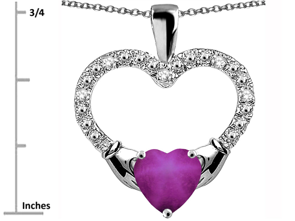 Star K Hands Holding Heart Created Star Ruby Claddagh Pendant Necklace