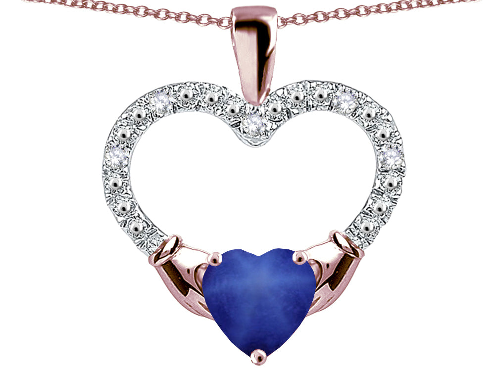 Star K Hands Holding Heart Created Star Sapphire Claddagh Pendant Necklace