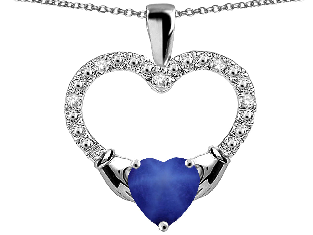 Star K Hands Holding Heart Created Star Sapphire Claddagh Pendant Necklace