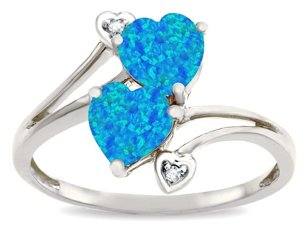 Star K  6mm Blue Created Opal Two Double Hearts Bypass Promise Ring