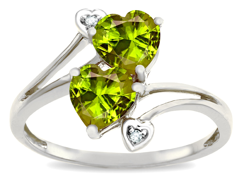 Star K  6mm Genuine Peridot Two Double Hearts Bypass Promise Ring