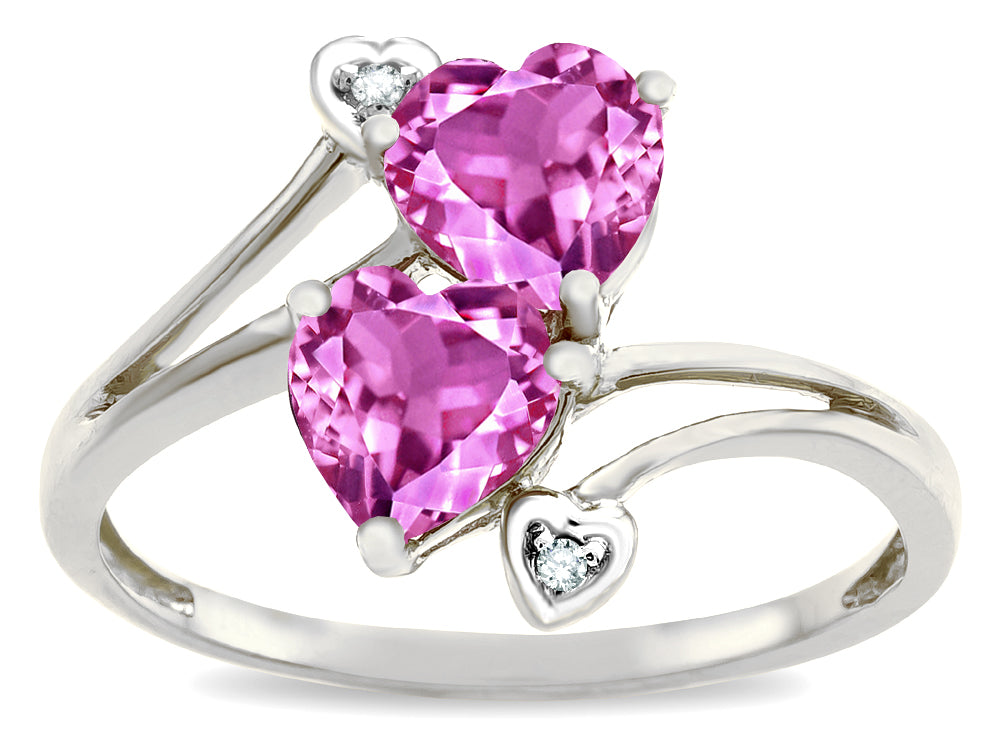 Star K  6mm Created Pink Sapphire Two Double Hearts Bypass Promise Ring