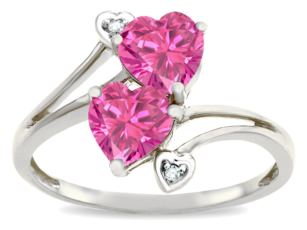 Star K  6mm Simulated Pink Tourmaline Two Double Hearts Bypass Promise Ring