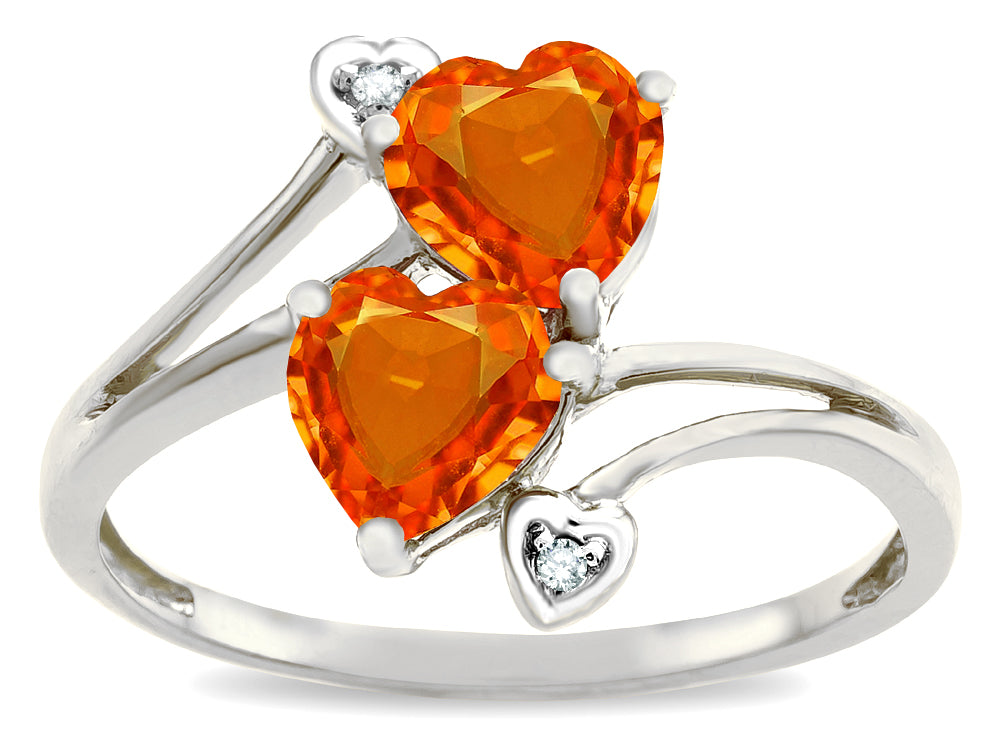 Star K  6mm Simulated Orange Mexican Fire Opal Two Double Hearts Bypass Promise Ring