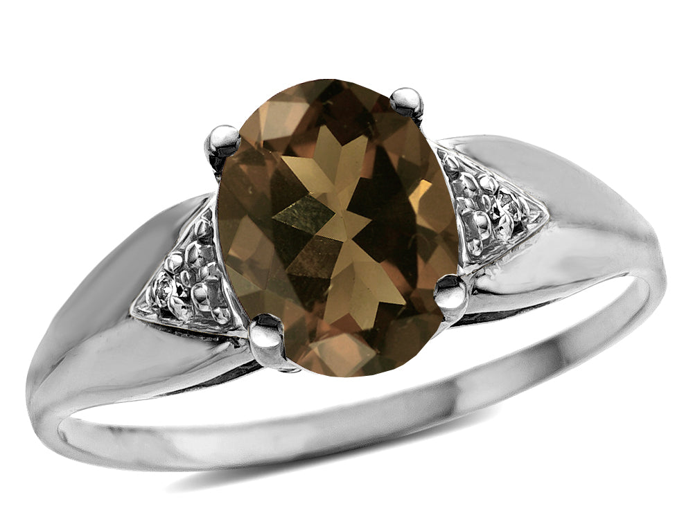 Star K  Oval 9x7 Genuine Smoky Quartz trillion miracle setting wide band Ring