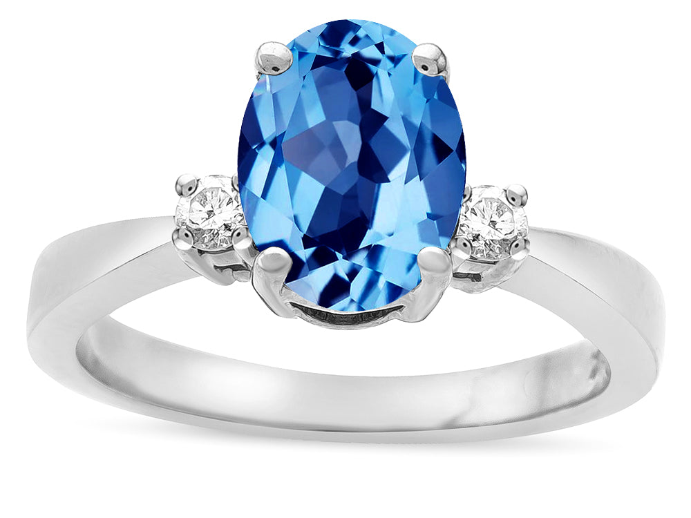Star K  3 Three Stone Oval Genuine Blue Topaz Classic Engagement Promise Ring