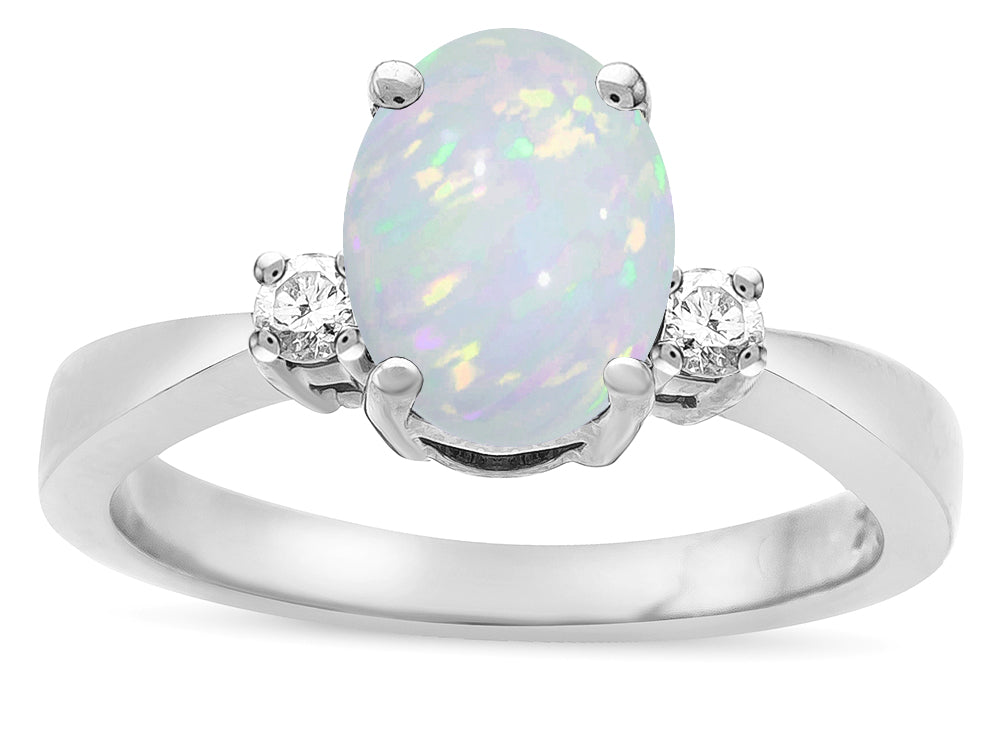 Star K  3 Three Stone Oval Genuine Opal Classic Engagement Promise Ring