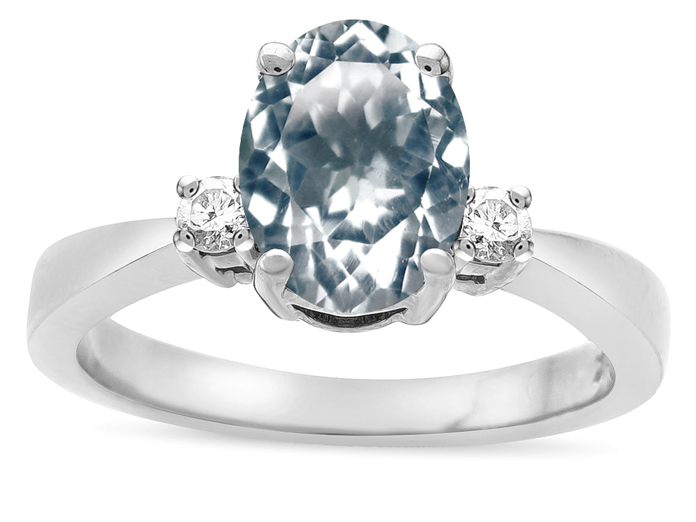 Star K  3 Three Stone Oval Genuine Aquamarine Classic Engagement Promise Ring