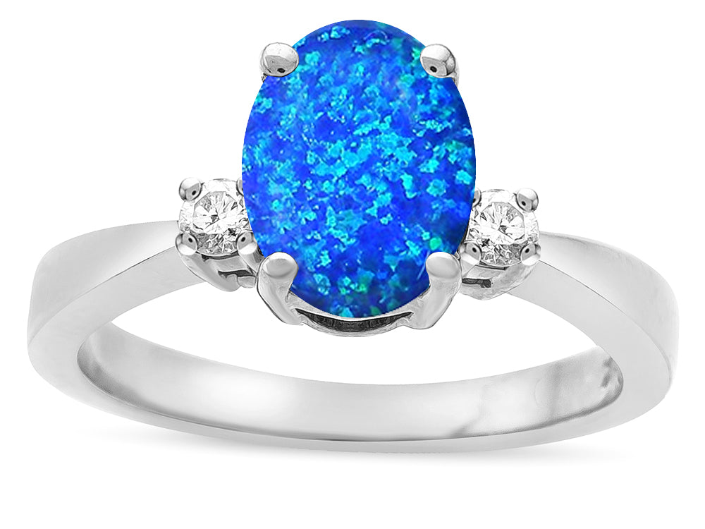 Star K  3 Three Stone Oval Created Blue Opal Classic Engagement Promise Ring