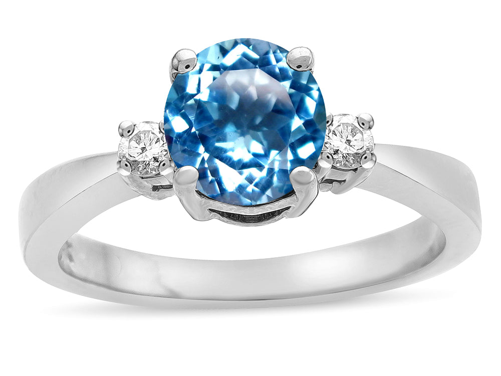 Star K  3 Three Stone Round Genuine Blue Topaz Classic Engagement Promise Ring