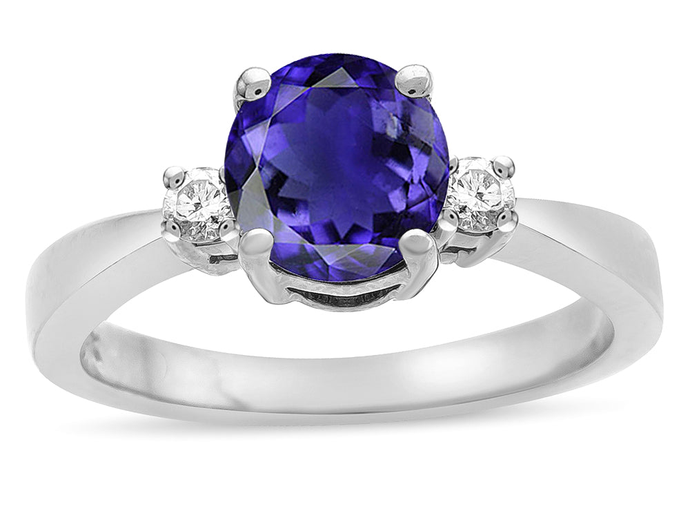 Star K  3 Three Stone Round Genuine Iolite Classic Engagement Promise Ring