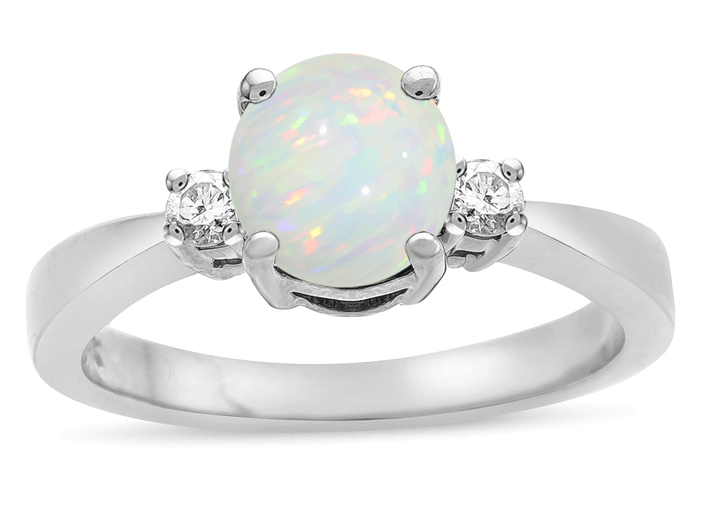 Star K  3 Three Stone Round Genuine Opal Classic Engagement Promise Ring