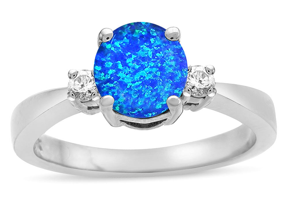 Star K  3 Three Stone Round Created Blue Opal Classic Engagement Promise Ring