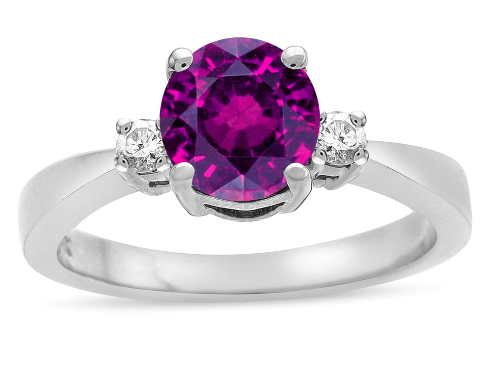 Star K  3 Three Stone Round Genuine Rhodolite Classic Engagement Promise Ring
