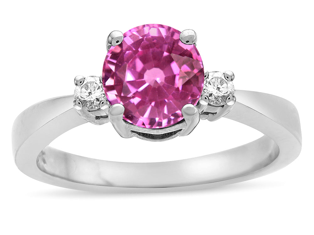 Star K  3 Three Stone Round Created Pink Sapphire Classic Engagement Promise Ring