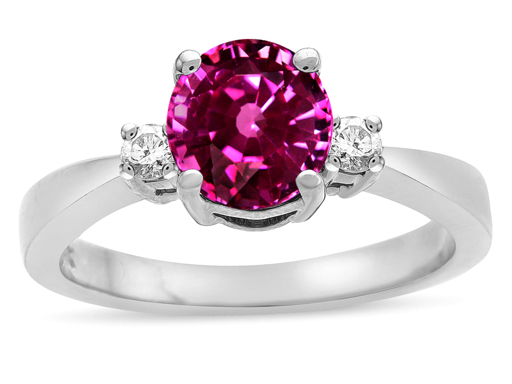 Star K  3 Three Stone Round Simulated Pink Tourmaline Classic Engagement Promise Ring