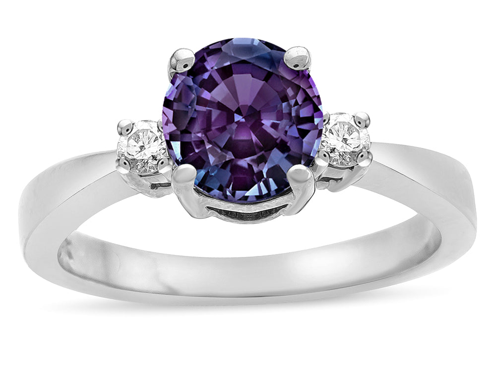 Star K  3 Three Stone Round Simulated Alexandrite Classic Engagement Promise Ring