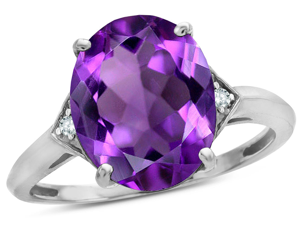Star K  Large Oval 12x10 Genuine Amethyst 3 Stone Trillion Setting Ring