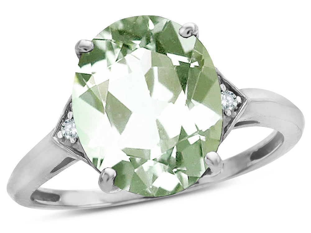 Star K  Large Oval 12x10 Genuine Green Amethyst 3 Stone Trillion Setting Ring