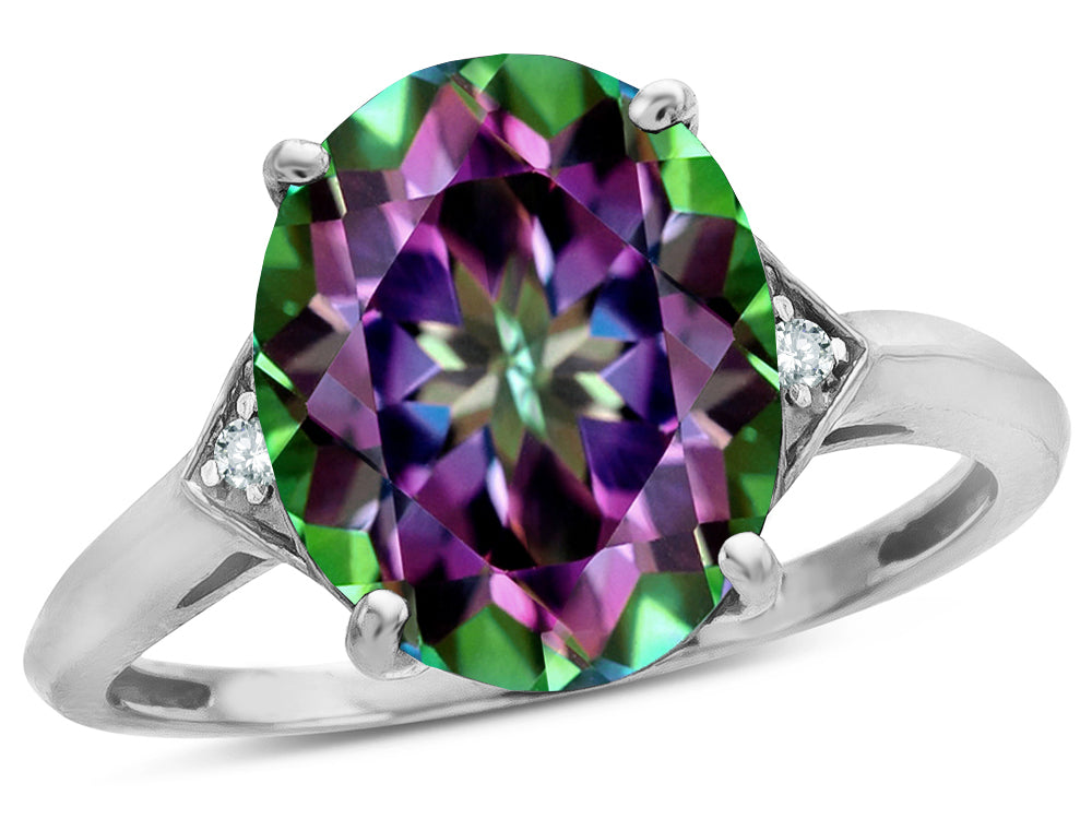 Star K  Large Oval 12x10 Rainbow Mystic Topaz 3 Stone Trillion Setting Ring