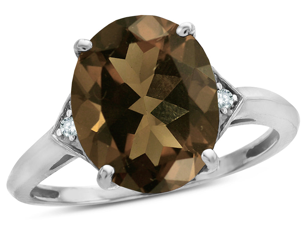 Star K  Large Oval 12x10 Smoky Quartz 3 Stone Trillion Setting Ring