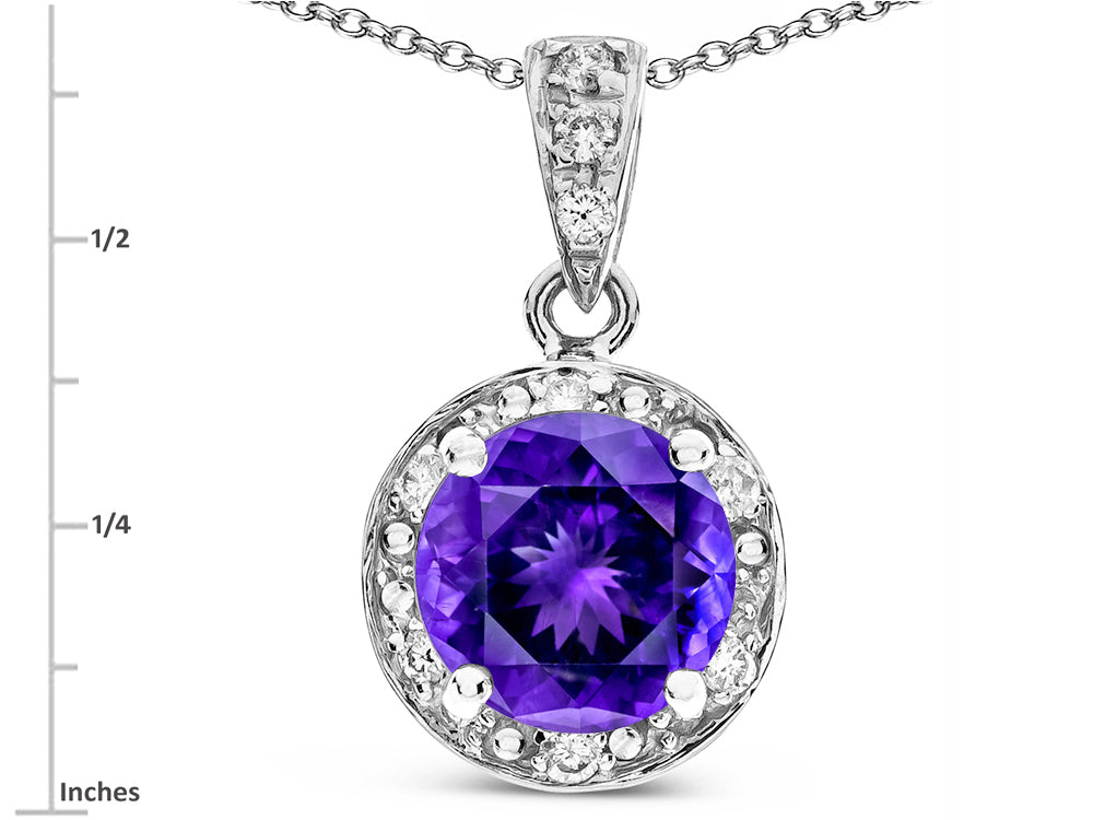 Star K Round 7mm Genuine Amethyst Classic Halo Pendant Necklace