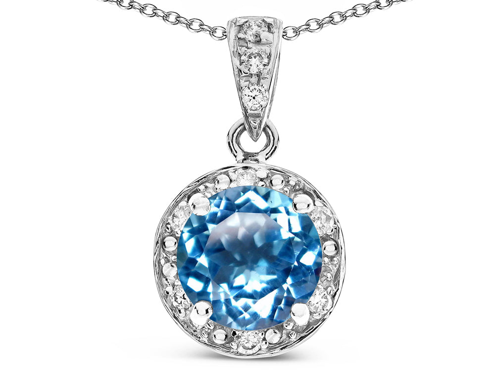 Star K Round 7mm Genuine Blue Topaz Classic Halo Pendant Necklace