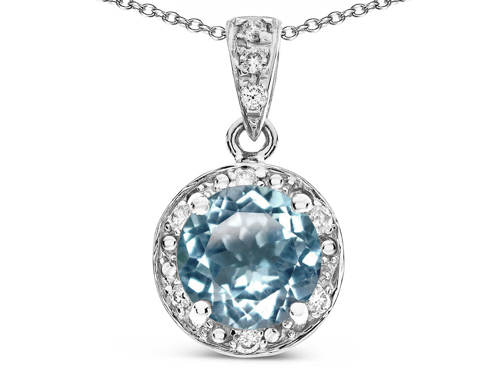 Star K Round 7mm Genuine Sky Blue Topaz Classic Halo Pendant Necklace