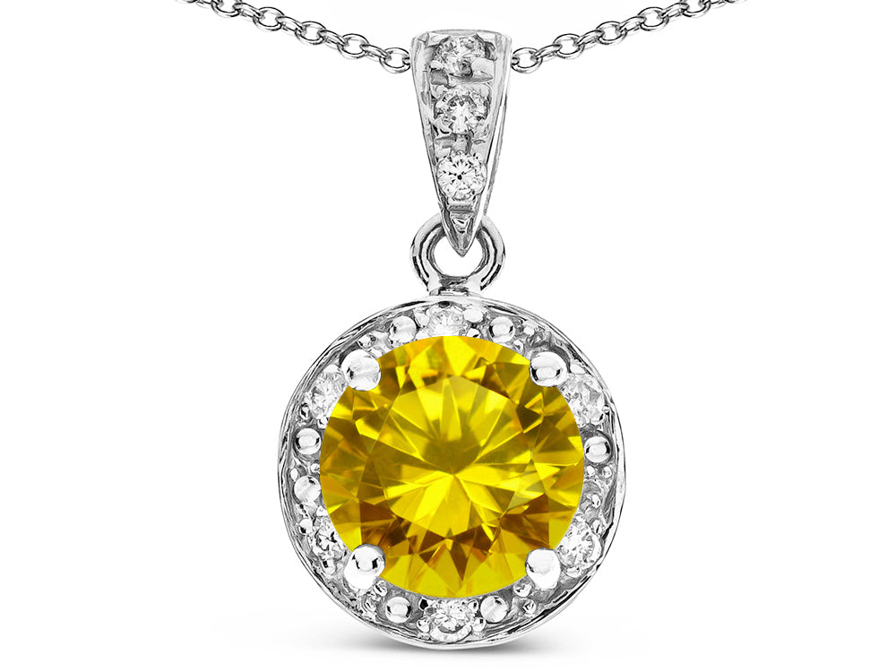 Star K Round 7mm Genuine Citrine Classic Halo Pendant Necklace