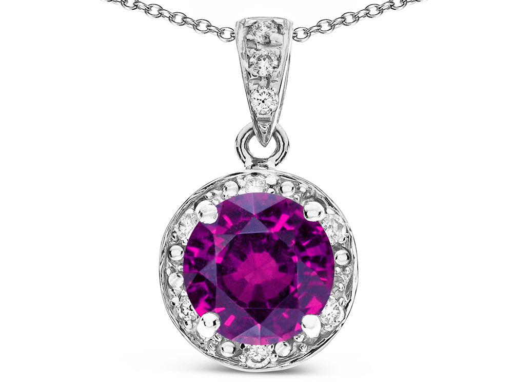 Star K Round 7mm Genuine Rhodolite Classic Halo Pendant Necklace