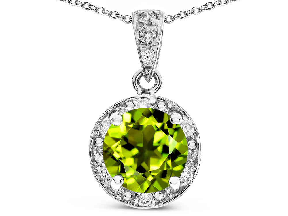 Star K Round 7mm Genuine Peridot Classic Halo Pendant Necklace