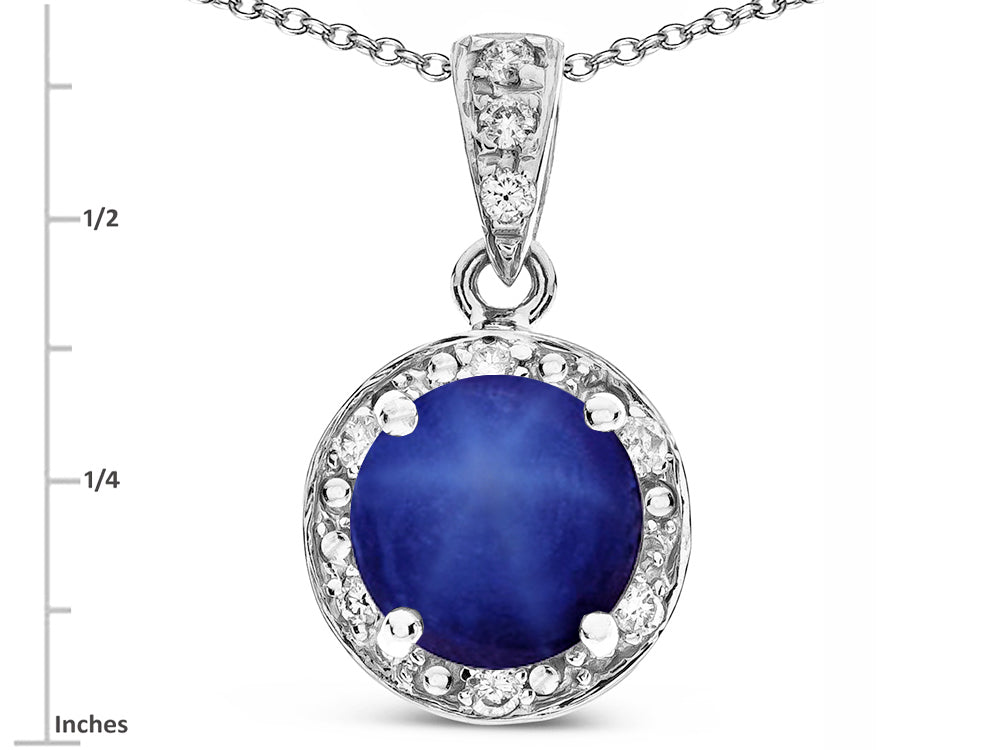 Star K Round 7mm Created Star Sapphire Classic Halo Pendant Necklace