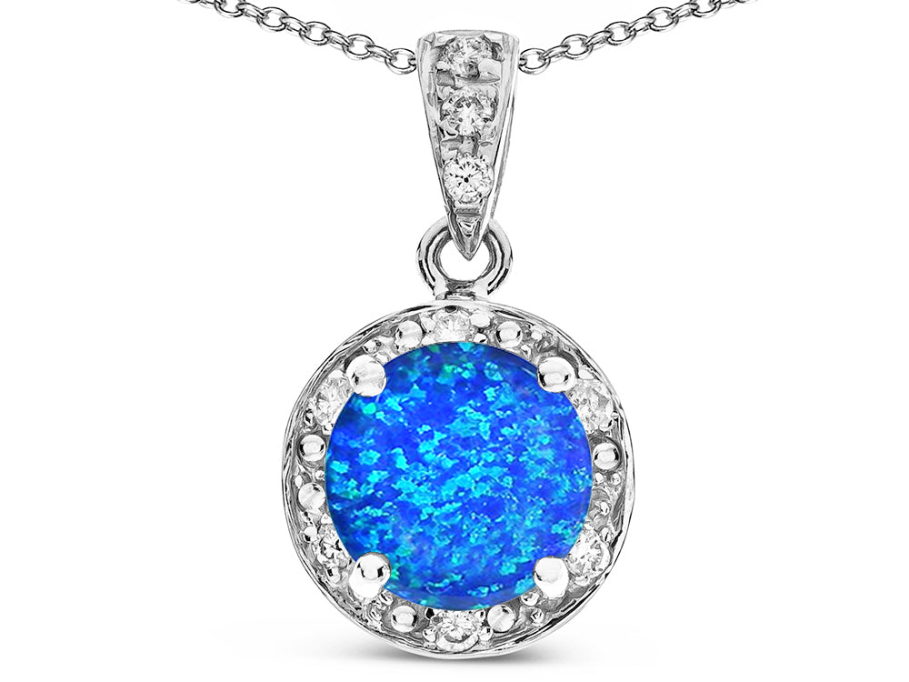 Star K Round 7mm Created Blue Opal Classic Halo Pendant Necklace