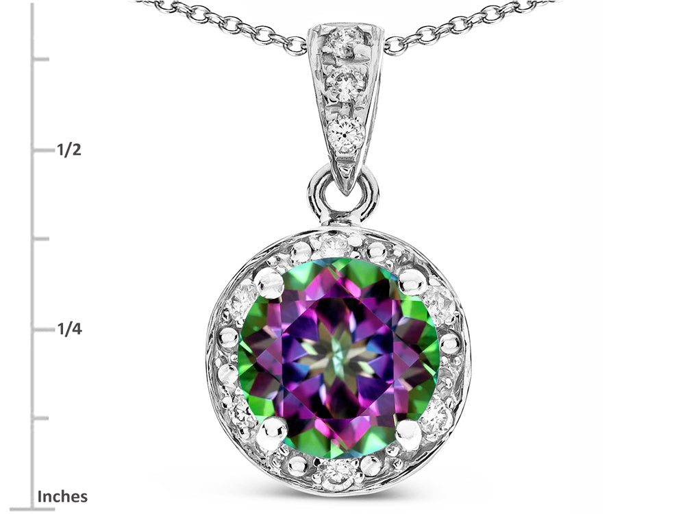 Star K Round 7mm Rainbow Mystic Topaz Classic Halo Pendant Necklace