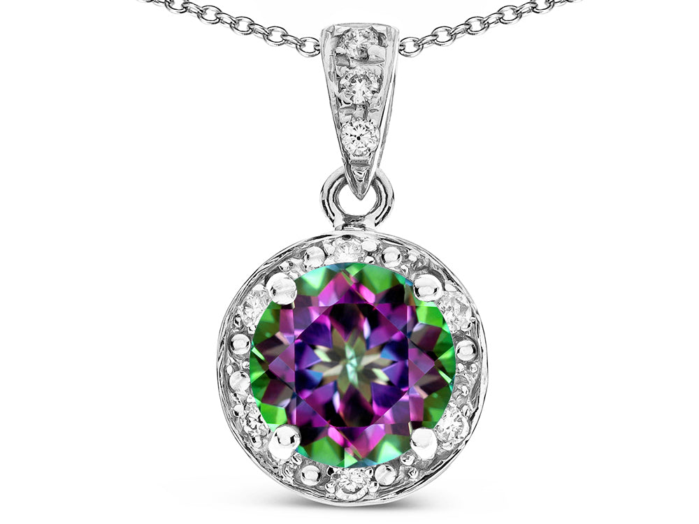 Star K Round 7mm Rainbow Mystic Topaz Classic Halo Pendant Necklace