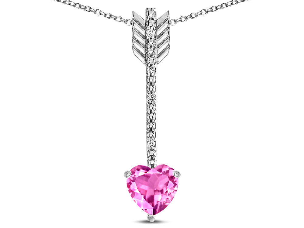 Star K 6mm Created Pink Sapphire Heart Arrow Bar Pendant Necklace