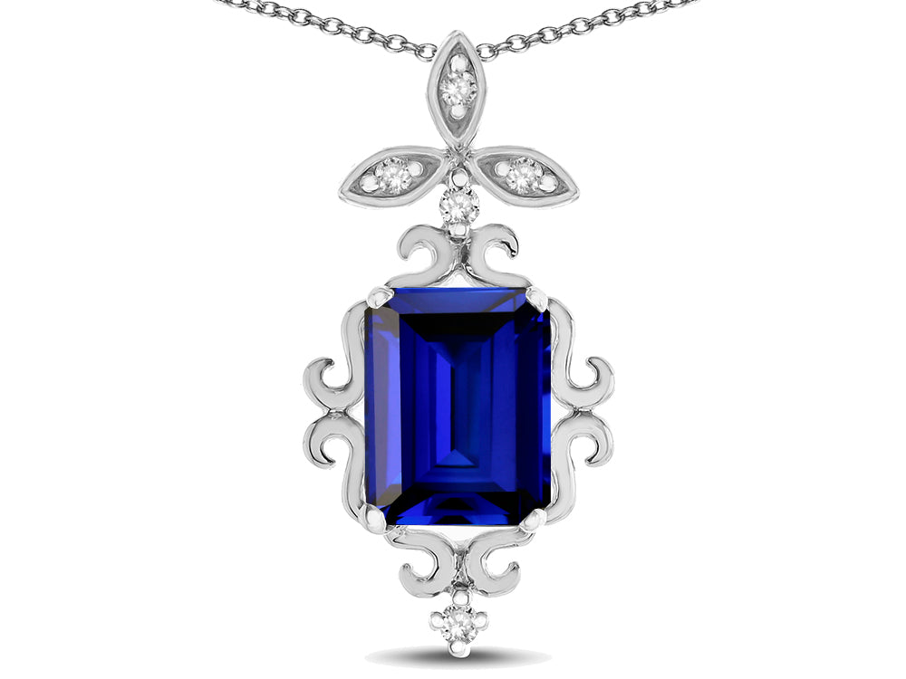 Star K Antique Vintage Design Octagon Cut Created Sapphire Pendent Necklace