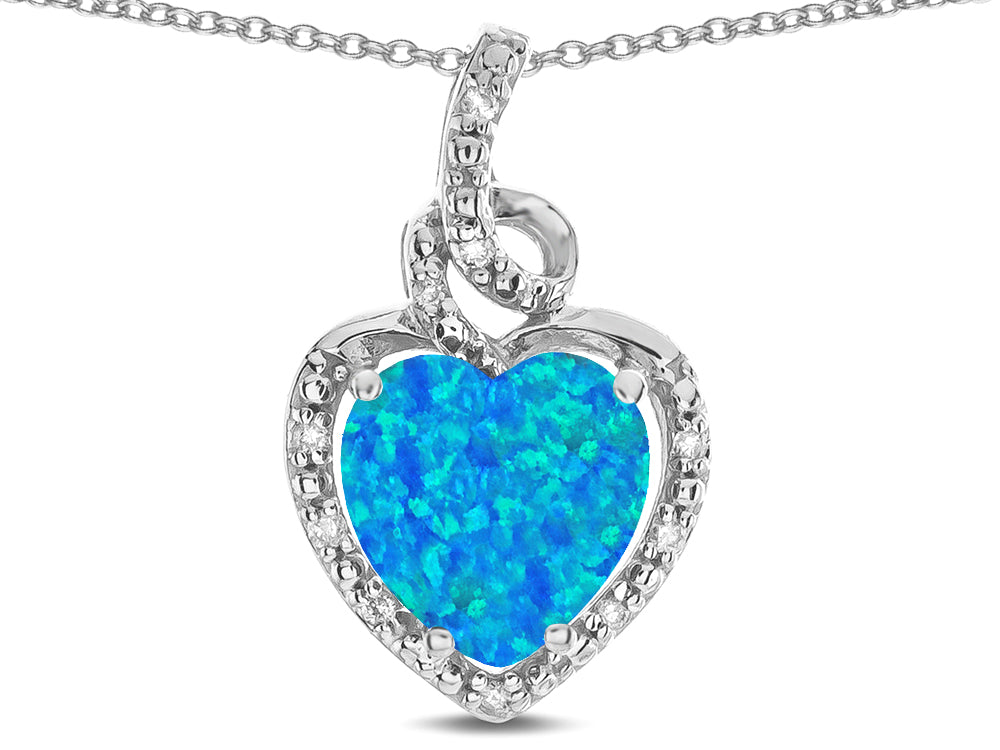 Star K Double Love Heart Halo Pendant Necklace with 8mm Created Blue Opal