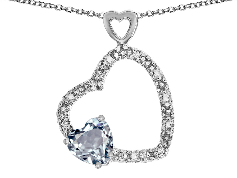 Star K Double Open Heart Pendant Necklace with 6mm Genuine Aquamarine Stone