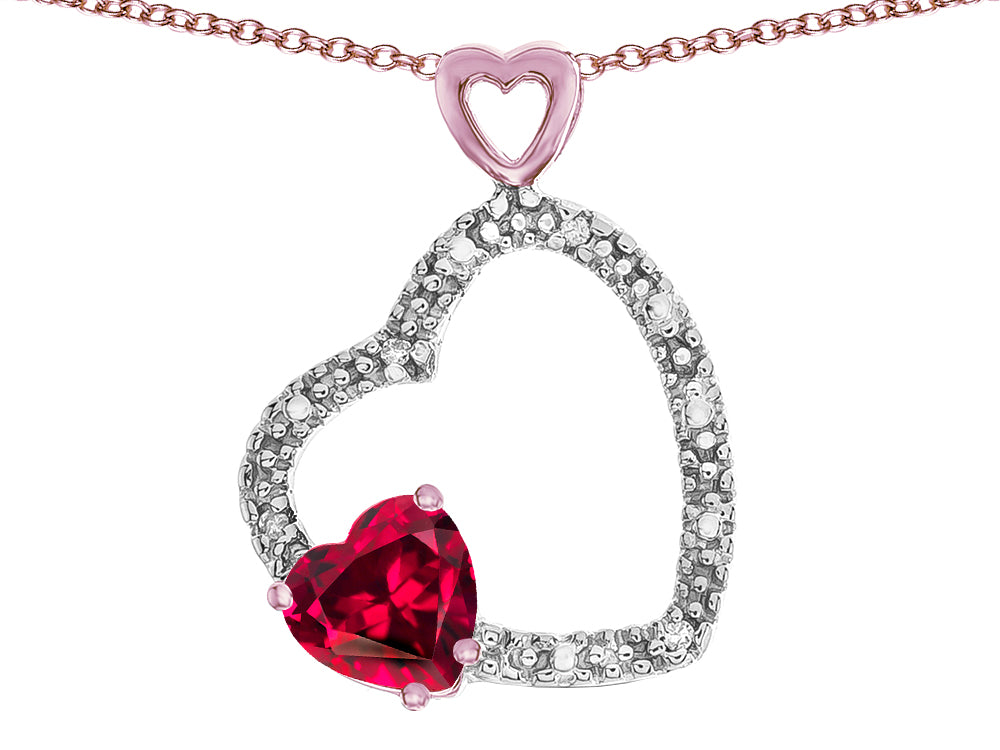 Star K Double Open Heart Pendant Necklace with 6mm Created Ruby Stone