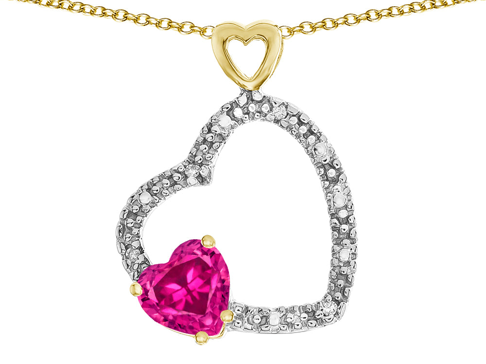 Star K Double Open Heart Pendant Necklace with 6mm Simulated Pink Tourmaline Stone