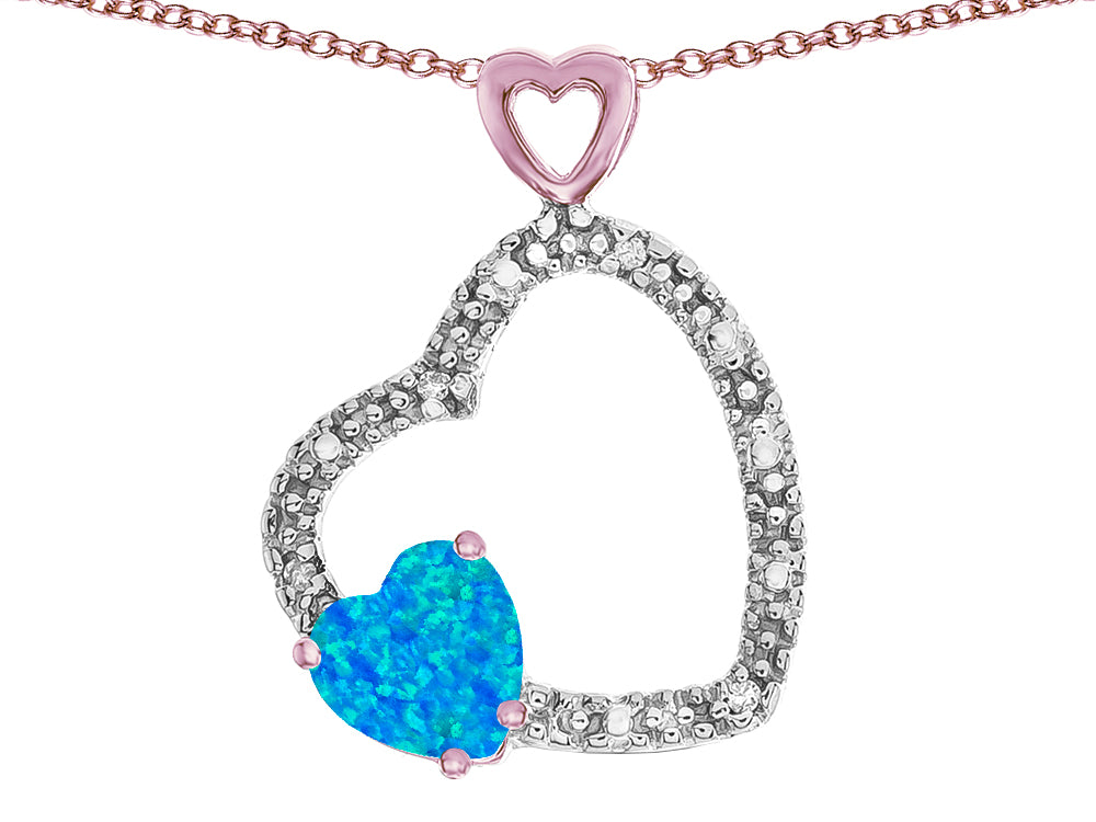 Star K Double Open Heart Pendant Necklace with 6mm Created Blue Opal Stone