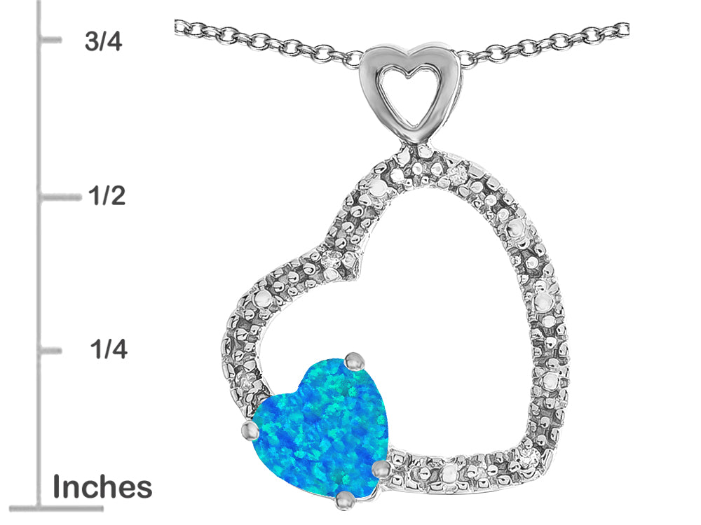 Star K Double Open Heart Pendant Necklace with 6mm Created Blue Opal Stone